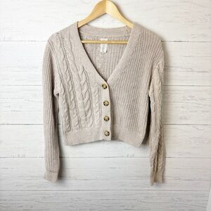 Joie Mixed Knit Cable Ribbed V Neck Cropped Cardigan Sweater Oatmeal Small